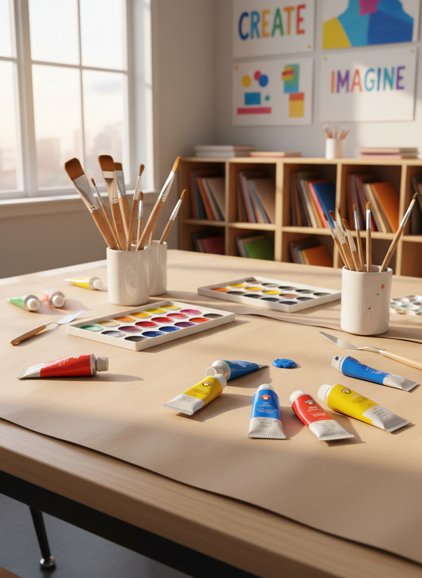 A tidy, sunlit classroom art table, its surface covered with smooth recycled kraft paper and scattered with a variety of well-used acrylic paint tubes in vibrant reds, yellows, and blues. Alongside are organized wooden paintbrushes in ceramic holders and trays of watercolor palettes with jewel-like stains. The table sits against a background of cheerful, hand-painted posters and open cubbies filled with neat stacks of sketchbooks and construction paper. Gentle afternoon sunlight filters through tall windows, casting soft gold highlights and faint shadows over the table, creating a warm, inviting mood. Captured from an eye-level perspective, with sharp focus on the foreground supplies, the composition uses a clean, modern style to evoke practicality, creativity, and a welcoming environment for art teachers.