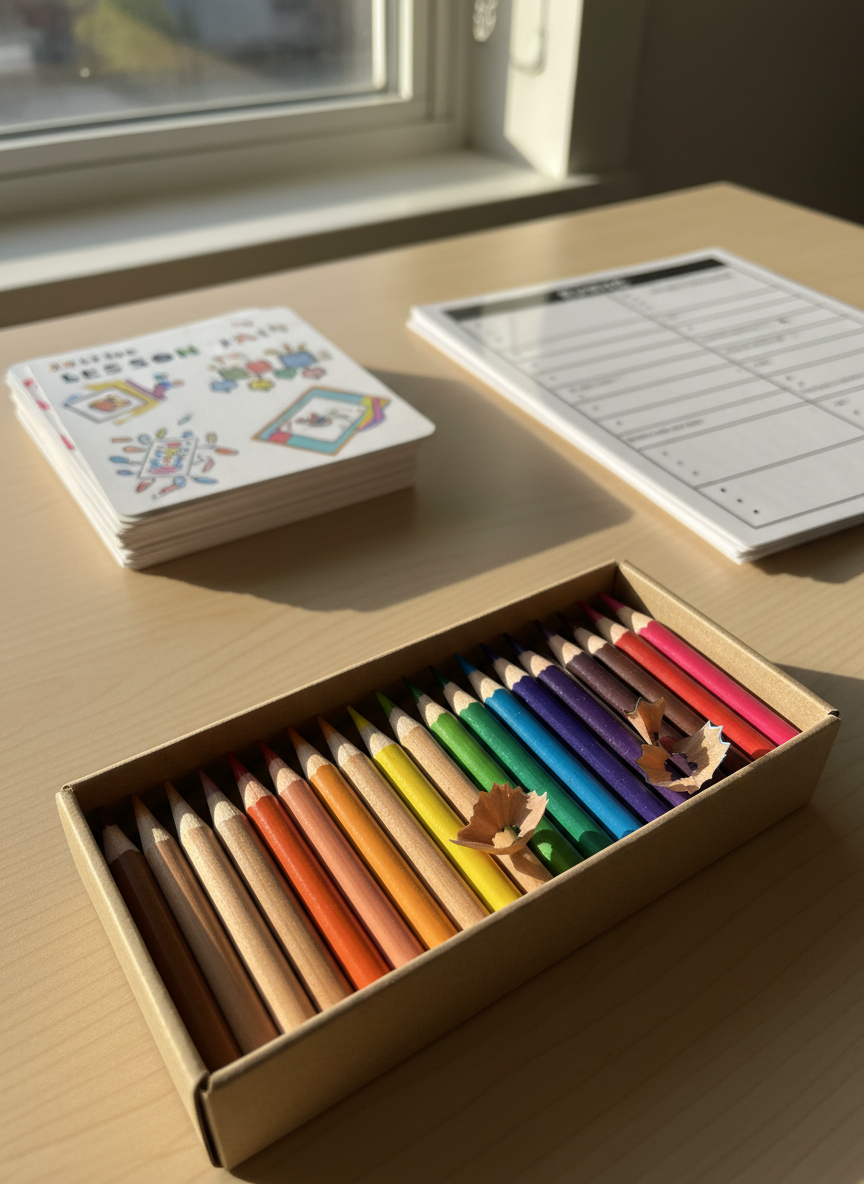 A set of high-quality colored pencils arranged in chromatic order within a recycled cardboard box, each pencil sharpened to a fine point, revealing their vibrant pigmented cores. Behind, orderly stacks of illustrated lesson plan cards and laminated rubric sheets rest on a minimalist birch wood desk. Natural, early morning light washes across the workspace, casting subtle highlights on the pencil tips and soft, elongated shadows across the desk, fostering a sense of calm attentiveness. Captured from a low, close-up angle with a shallow depth of field focusing on the pencil set, the overall composition feels clean, practical, and welcoming—emphasizing an art teacher's easy access to well-prepared resources.