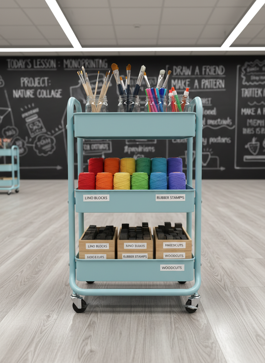 A creative, compact art supply cart featuring three metal tiers painted in matte pastel blue, each shelf neatly stocked with jars of paintbrushes, spools of rainbow yarn, glue sticks, and labeled wooden trays of printmaking blocks. The cart rests on gleaming laminate flooring near a chalkboard-inspired wall covered with tidy handwritten lesson notes and simple art prompts. Soft LED ceiling lights provide crisp, even illumination, making colors pop and casting gentle shadows around the cart's wheels. Photographed from a slightly elevated angle, with balanced framing that emphasizes the cart as both functional and inviting. The aesthetic is modern, organized, and cheerful—ideal for a hardworking teacher’s blog.