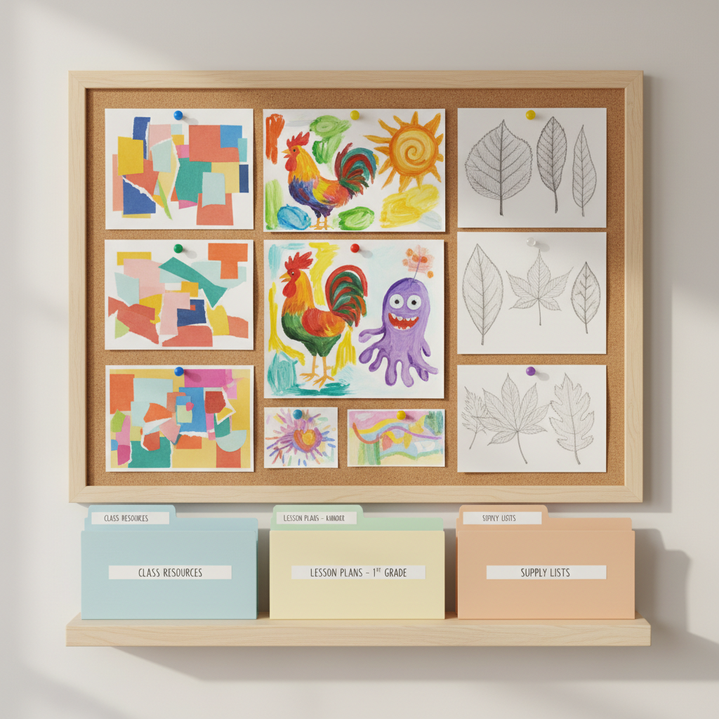 An orderly wall-mounted bulletin board covered in a patchwork of student artwork: abstract paper collages, bold tempera paintings, and delicately sketched leaves. Each piece is pinned with rounded, colorful pushpins on a natural corkboard framed in pale wood. Below, labeled folders hold classroom resources and lesson plans. The scene is softly illuminated by even, diffused daylight, enhancing the colors of the student art and adding a gentle shadow beneath the frame. Framed with a centered, symmetrical shot in a clean and polished photographic style, the image conveys a spirit of creativity, organization, and easy inspiration for a resourceful art teacher.