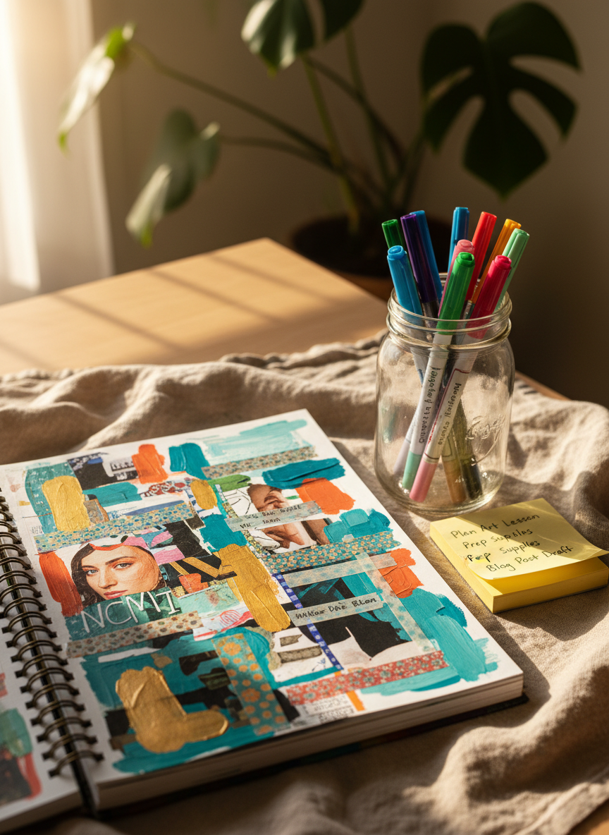 A close-up view of a handmade, spiral-bound art journal opened to a colorful collage page with layered torn magazine clippings, bits of paint, and snippets of textured washi tape. Beside it, a mason jar filled with carefully labeled gel pens and a stack of sticky notes with tidy, handwritten reminders. The journal rests atop a natural linen cloth draped over a light wood desk, with a leafy potted plant in the blurred background. Warm, diffused morning sunlight streams through a nearby window, casting delicate shadows and lending the scene a cozy, homey mood. Framed off-center with a creative, slightly top-down view, this image captures the organized creativity and resourcefulness celebrated on an art teacher’s blog.